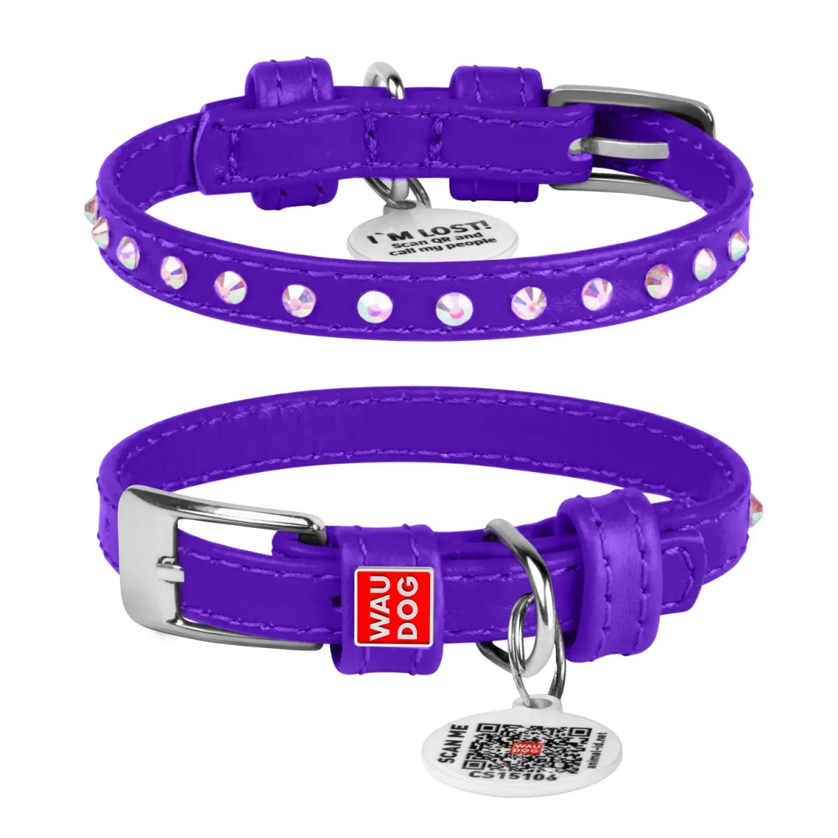 32689 Нашийник WAUDOG Glamour з QR-паспортом з клей. стразами Ш 12мм Д 21-29мм фіолетовий